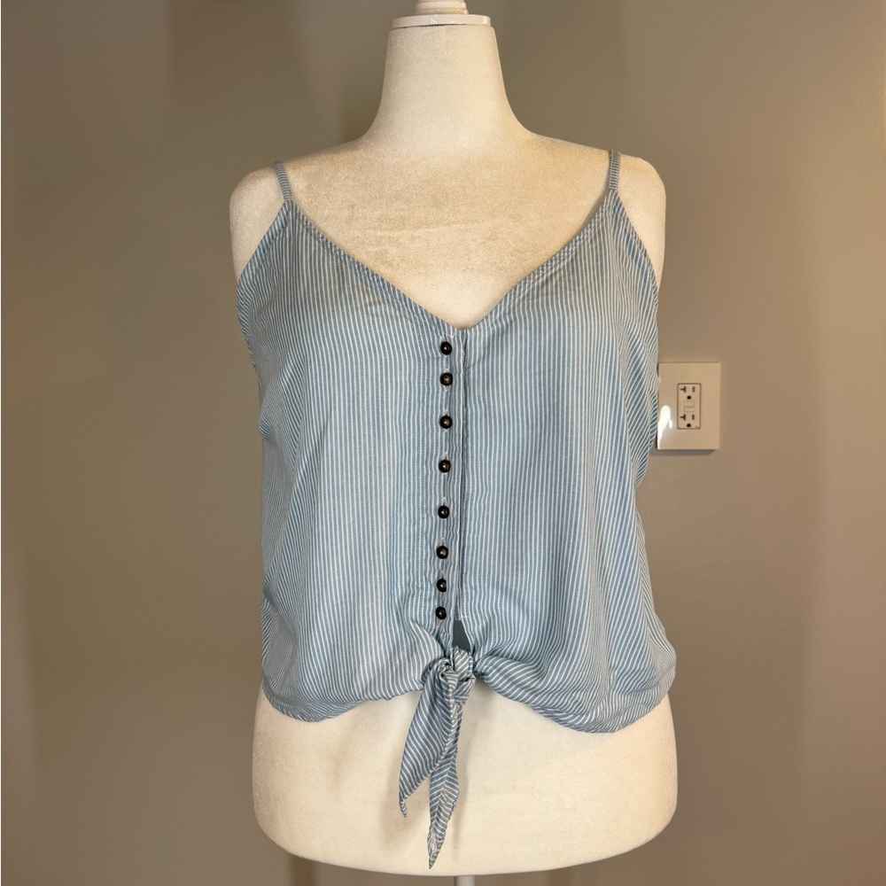 Chambray blue and white pinstripe button-down tank top with front tie, XXL NWOT